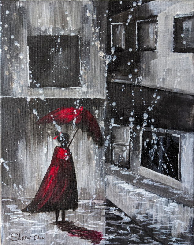 Woman in the rain lost in front of a building