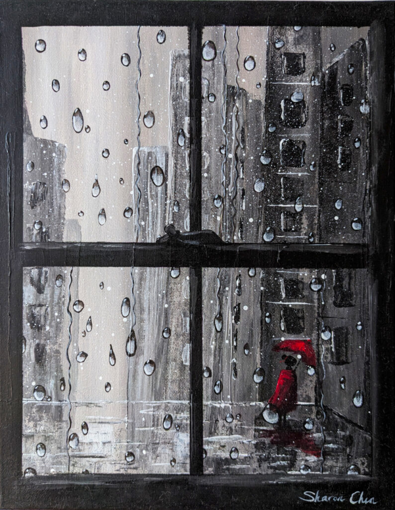 Woman in the Rain Seen through the Window